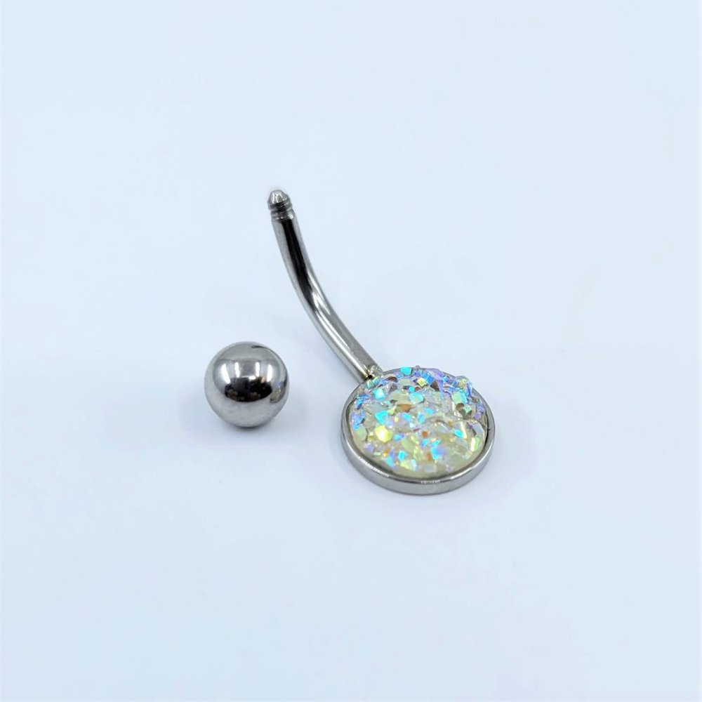 Iridescent Druzy Sparkle Steel Belly Button Ring